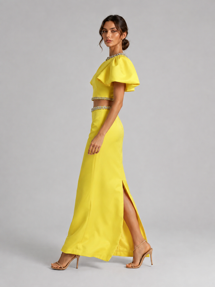 Yellow Puff Sleeve Embellished Waist Gown