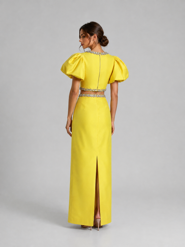 Yellow Puff Sleeve Embellished Waist Gown
