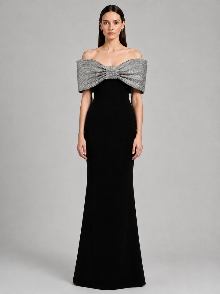 Black Gown with Silver Bow Off Shoulder Neckline