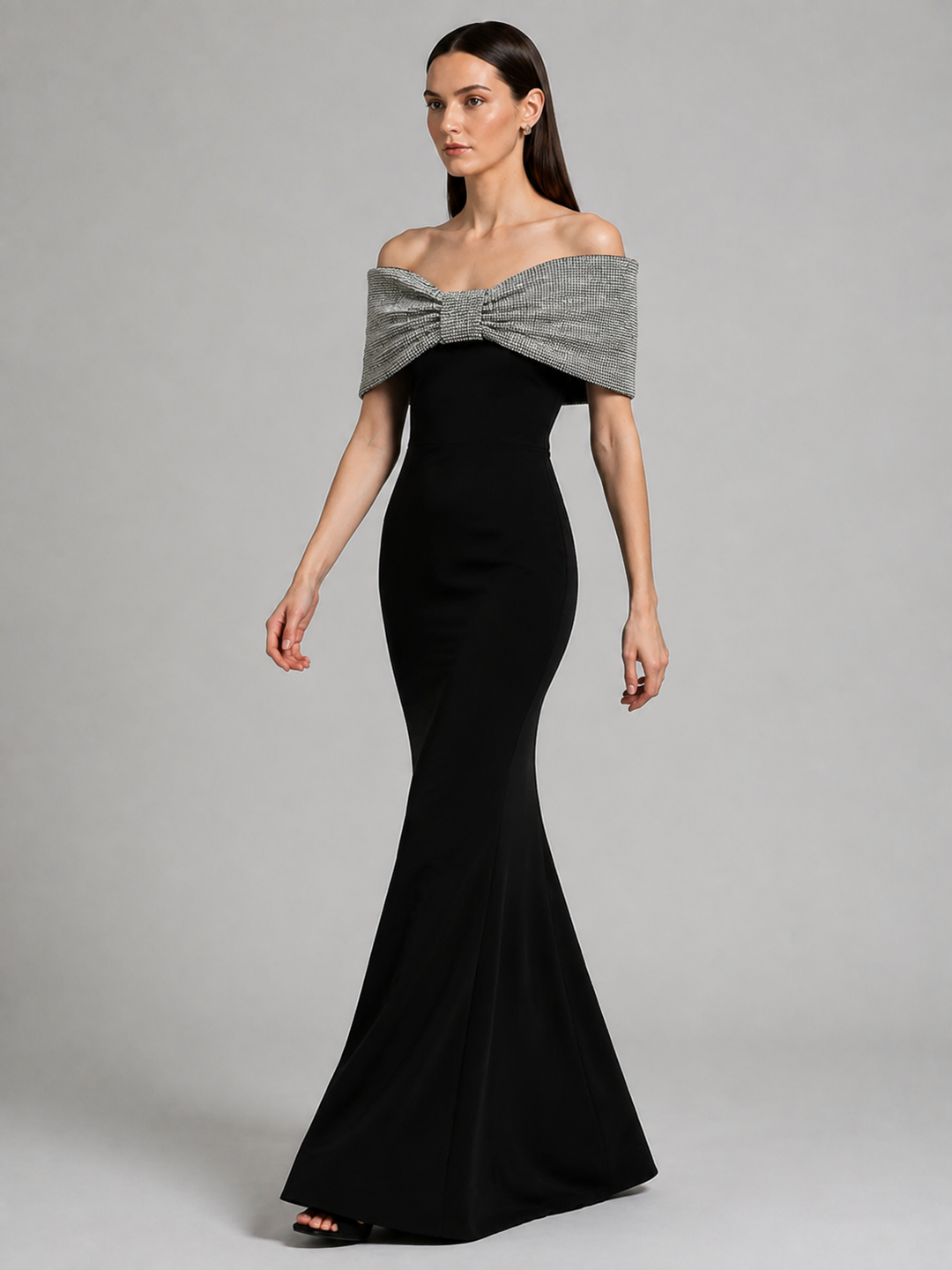 Black Gown with Silver Bow Off Shoulder Neckline