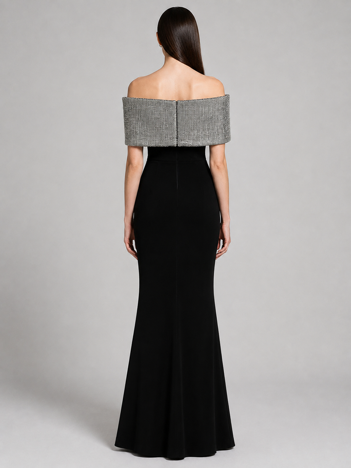 Black Gown with Silver Bow Off Shoulder Neckline
