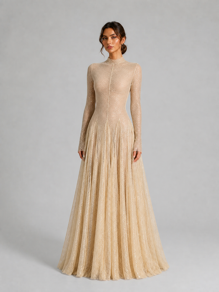 Champagne Long Sleeve Shimmer A-Line Gown
