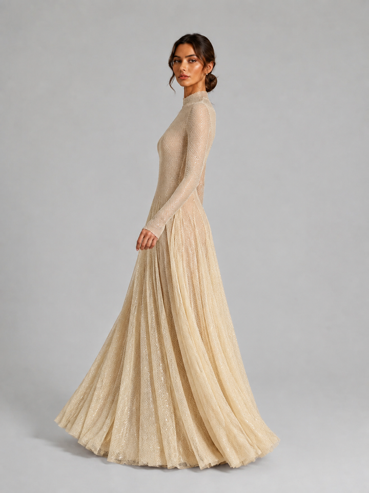 Champagne Long Sleeve Shimmer A-Line Gown