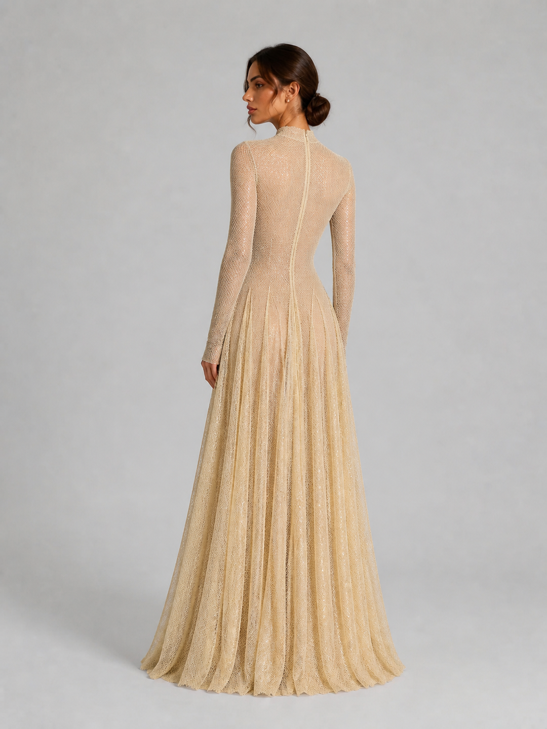 Champagne Long Sleeve Shimmer A-Line Gown