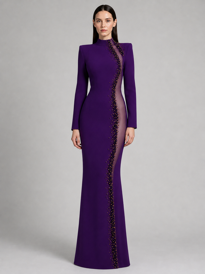 Purple High Neck Embellished Column Gown