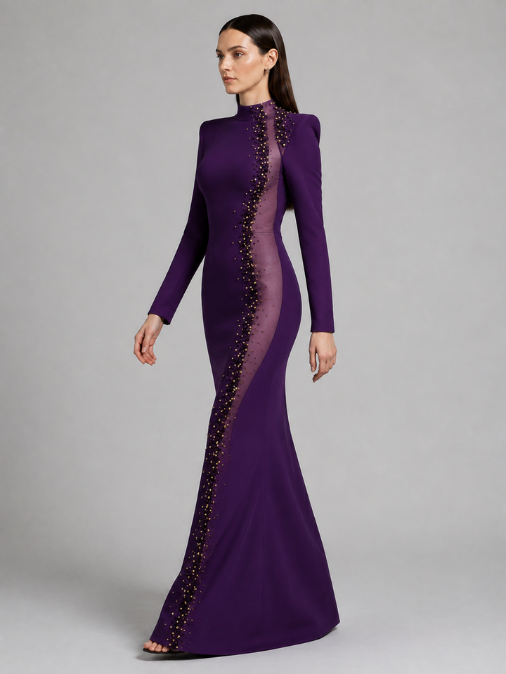 Purple High Neck Embellished Column Gown