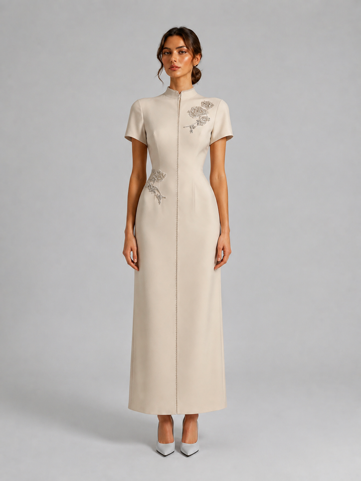 Ivory Floral Detail Short Sleeve Midi Dress