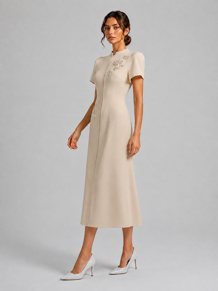 Ivory Floral Detail Short Sleeve Midi Dress