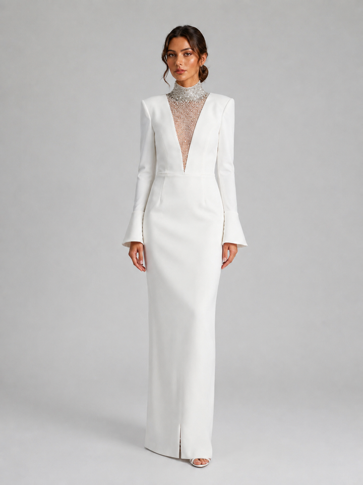 White Embellished Plunging Neck Long Sleeve Gown
