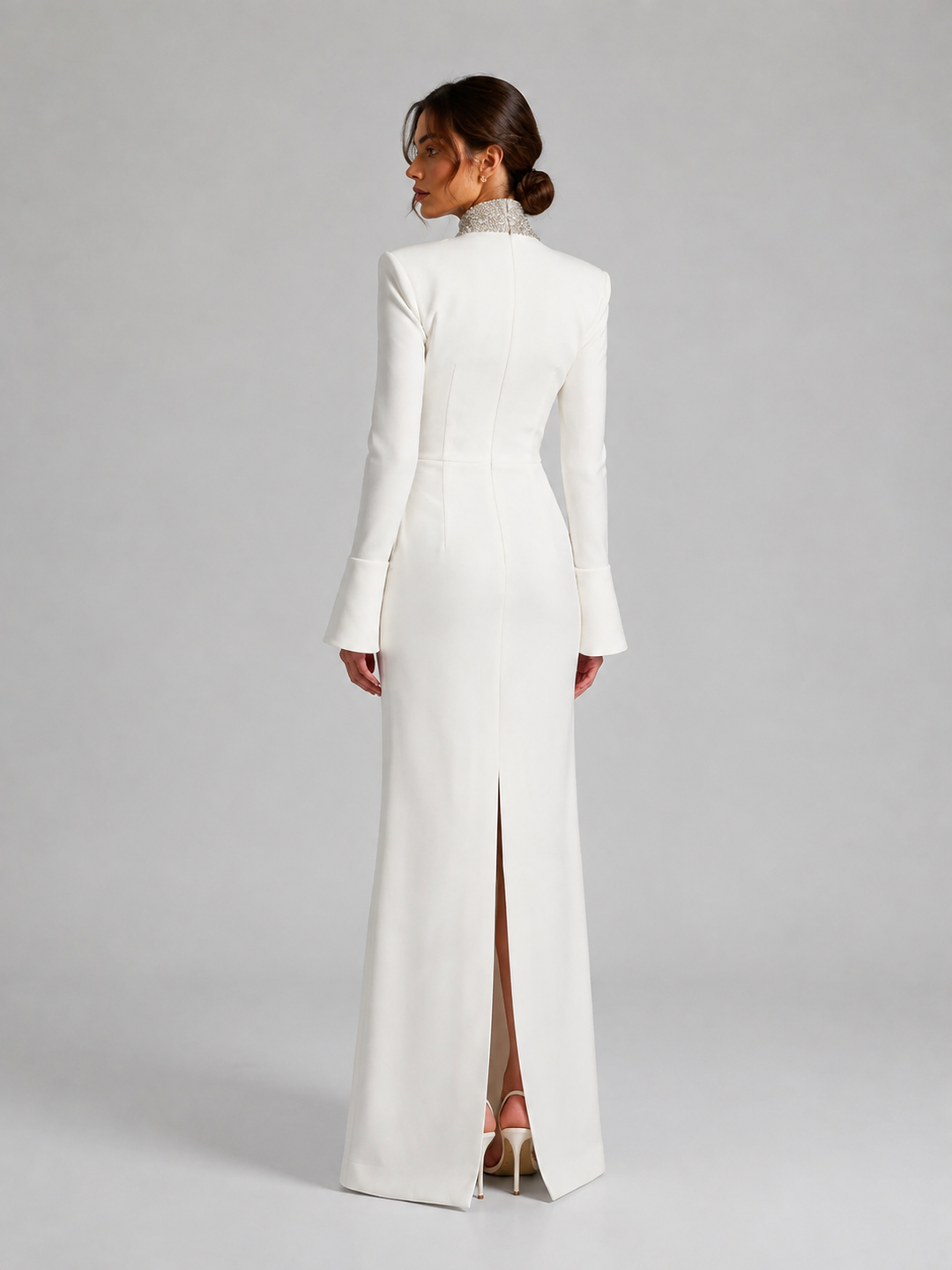 White Embellished Plunging Neck Long Sleeve Gown
