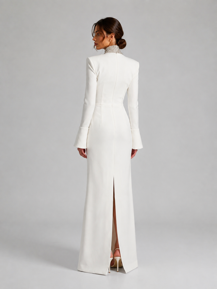 White Embellished Plunging Neck Long Sleeve Gown