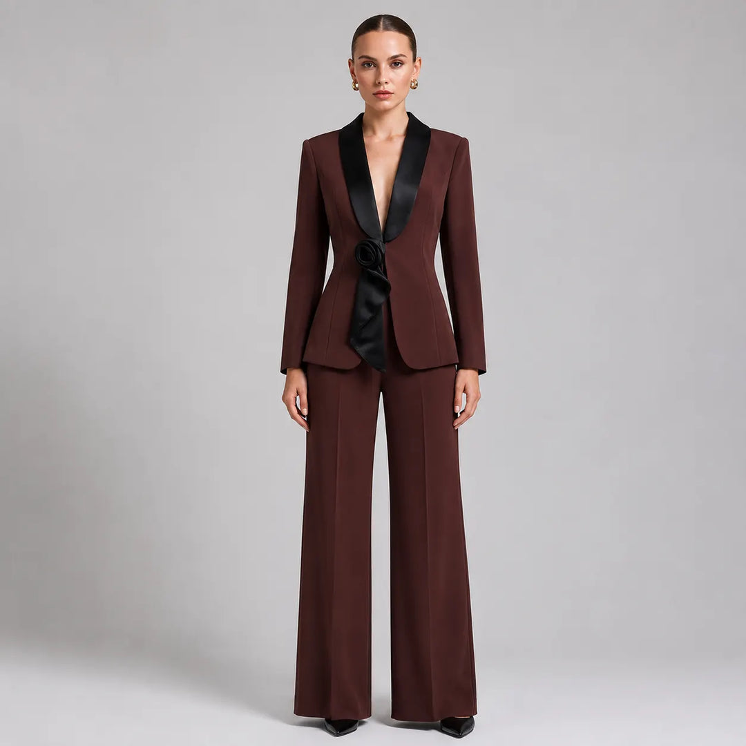 Satin Lapel 3D Floral Decor Blazer & Wide Leg Floor Pants 2-Piece Suit Set