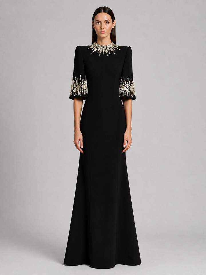 Black Embellished Neckline Flared Gown
