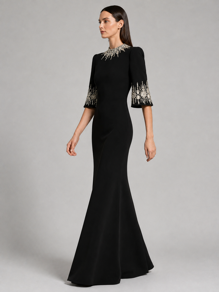 Black Embellished Neckline Flared Gown