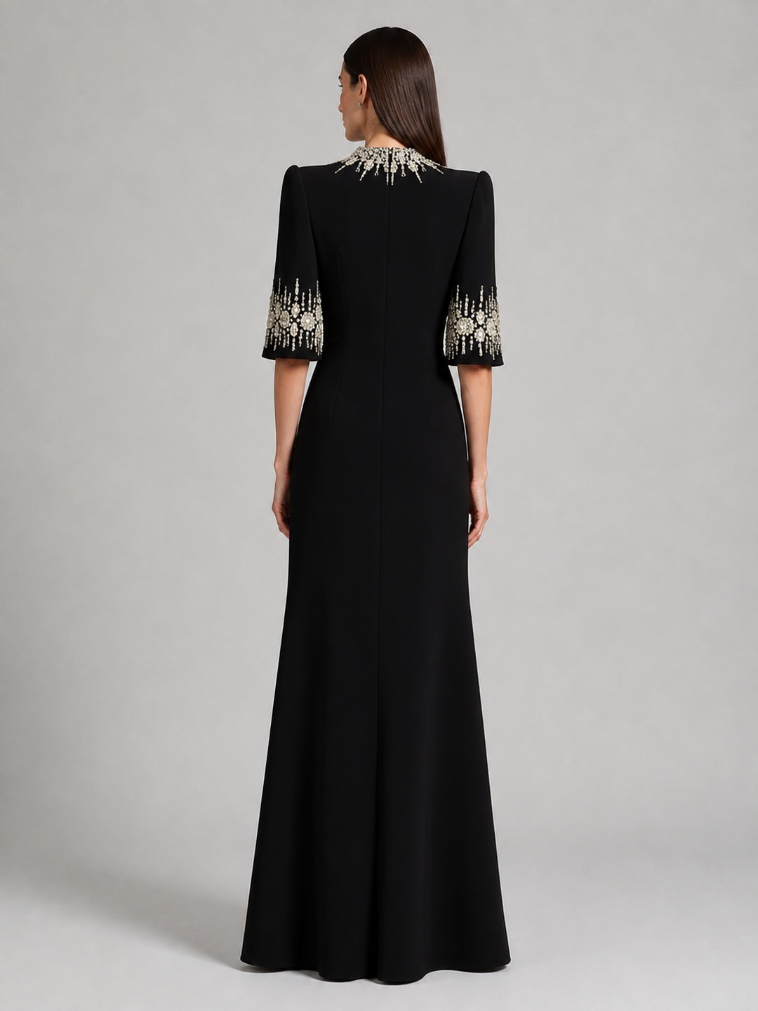 Black Embellished Neckline Flared Gown