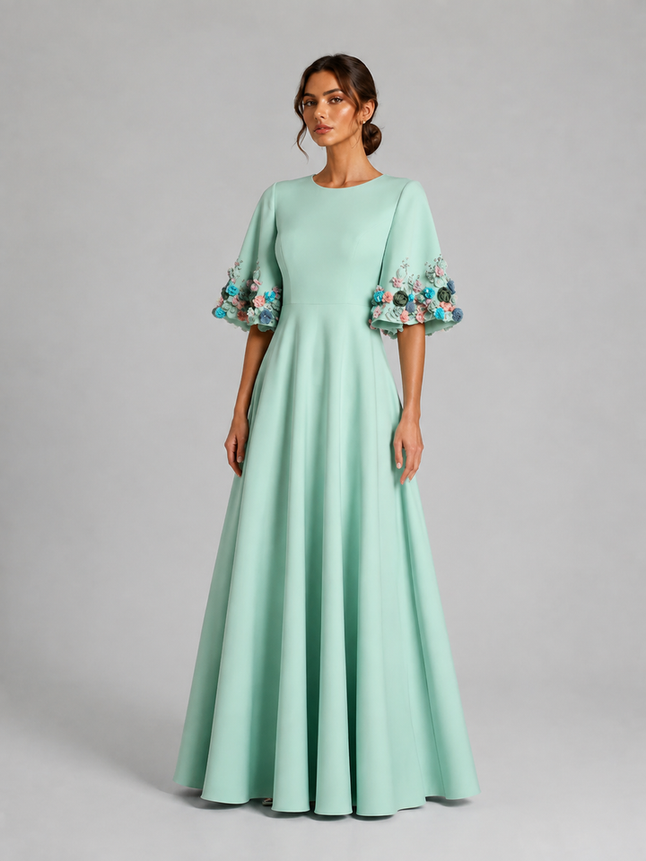 Mint Green Floral Sleeve A-Line Gown