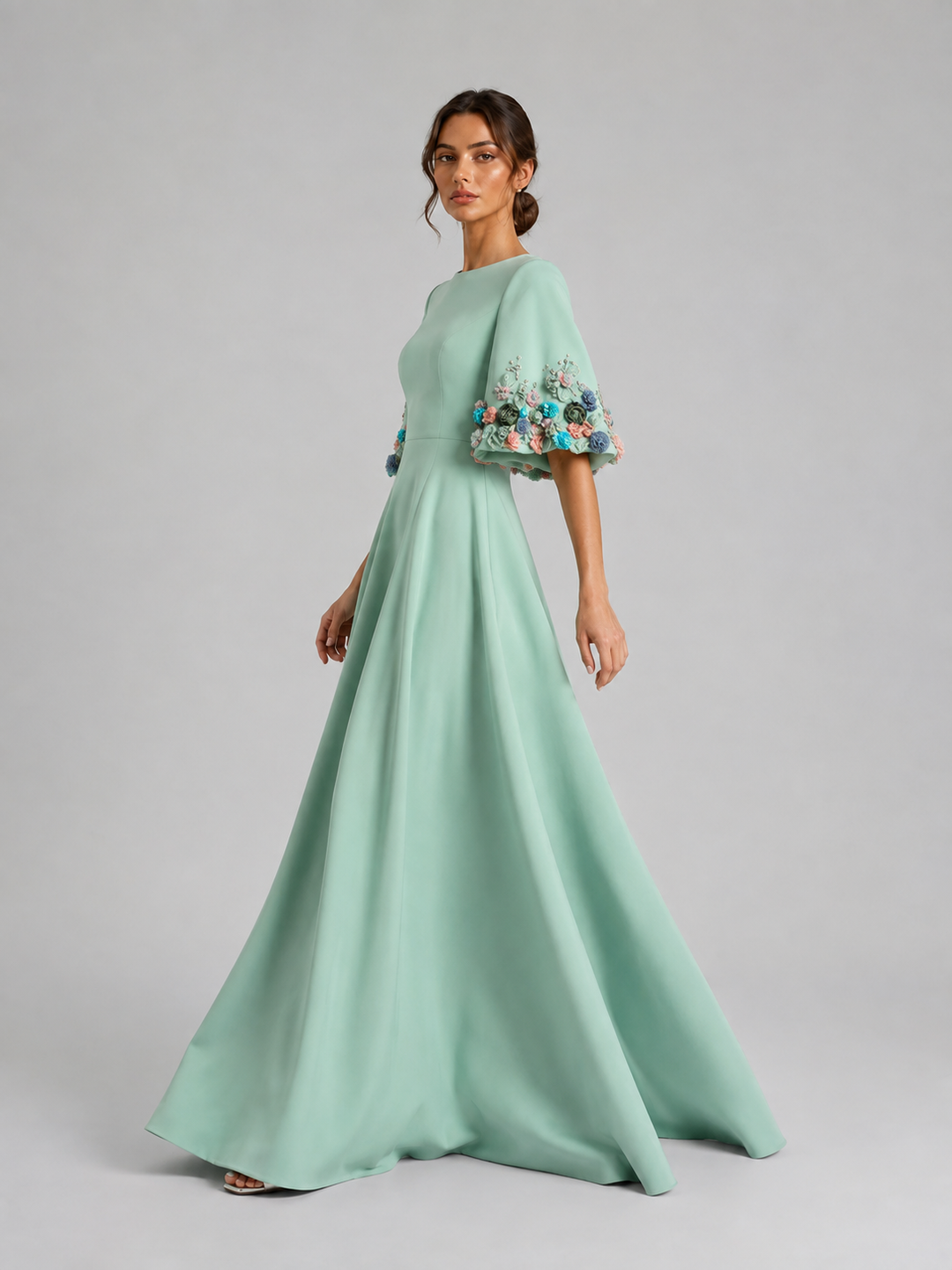Mint Green Floral Sleeve A-Line Gown