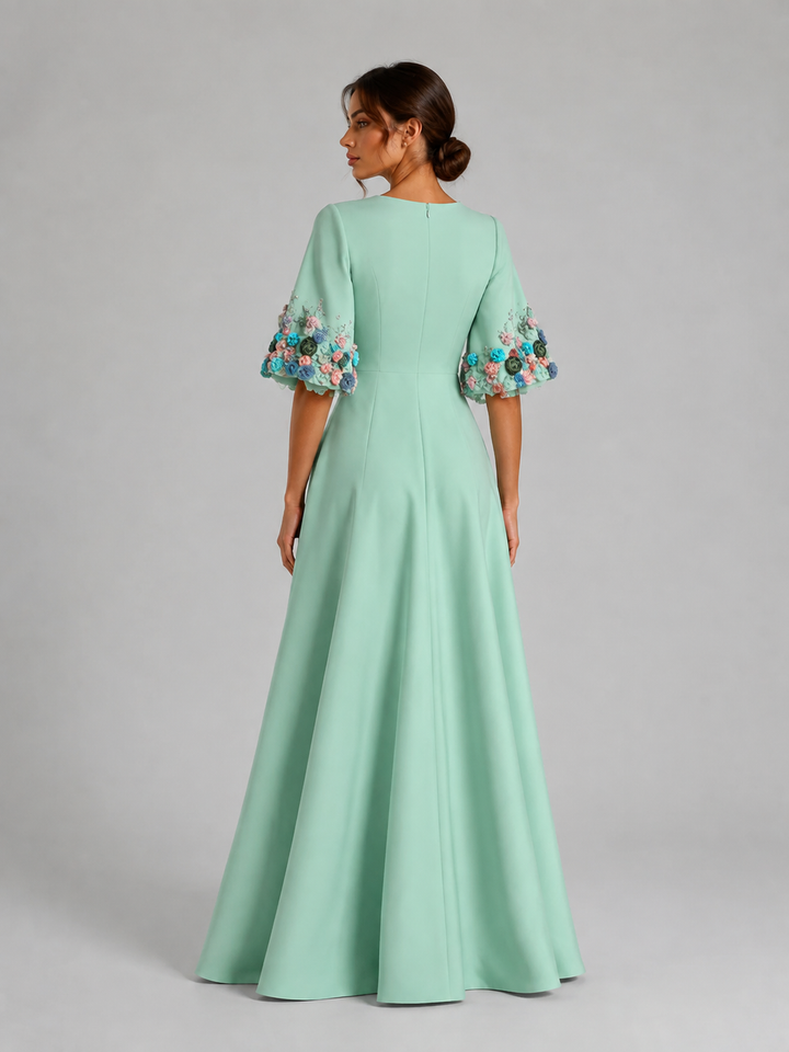Mint Green Floral Sleeve A-Line Gown