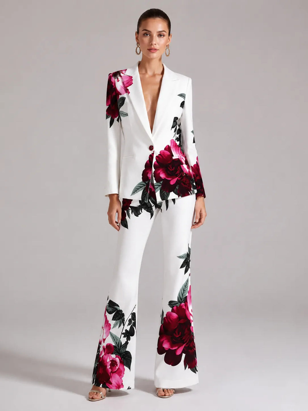 White Large Red Rose Floral Print Single Button Blazer & Wide Leg Pants 2-Piece Suit Set