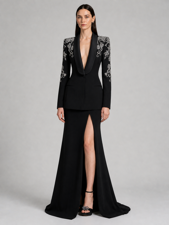 Black Embellished Shoulder Blazer Slit Gown