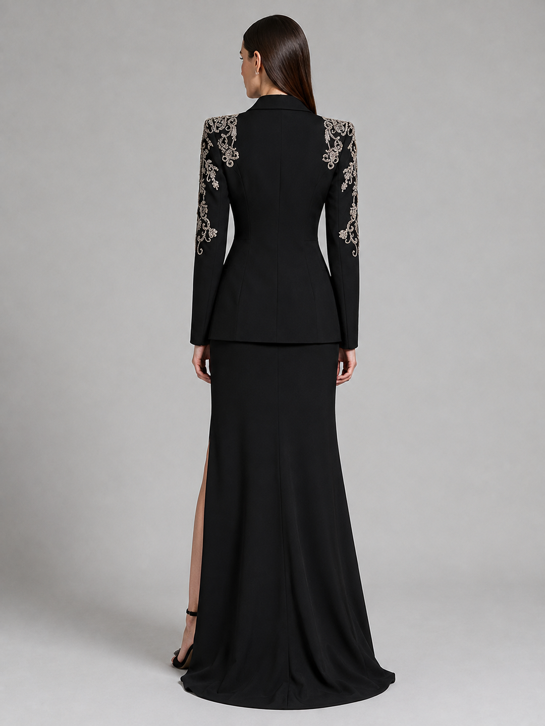Black Embellished Shoulder Blazer Slit Gown