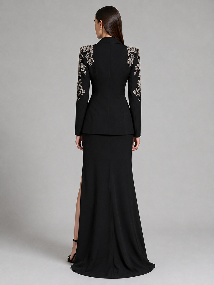 Black Embellished Shoulder Blazer Slit Gown