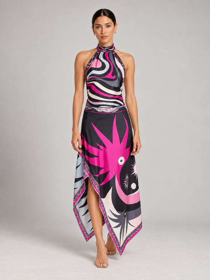 Vibrant Geometric Silk-Touch Two-Piece Halter Top &amp; Asymmetric Midi Skirt Set
