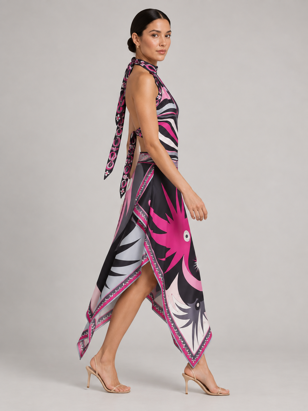 Vibrant Geometric Silk-Touch Two-Piece Halter Top &amp; Asymmetric Midi Skirt Set