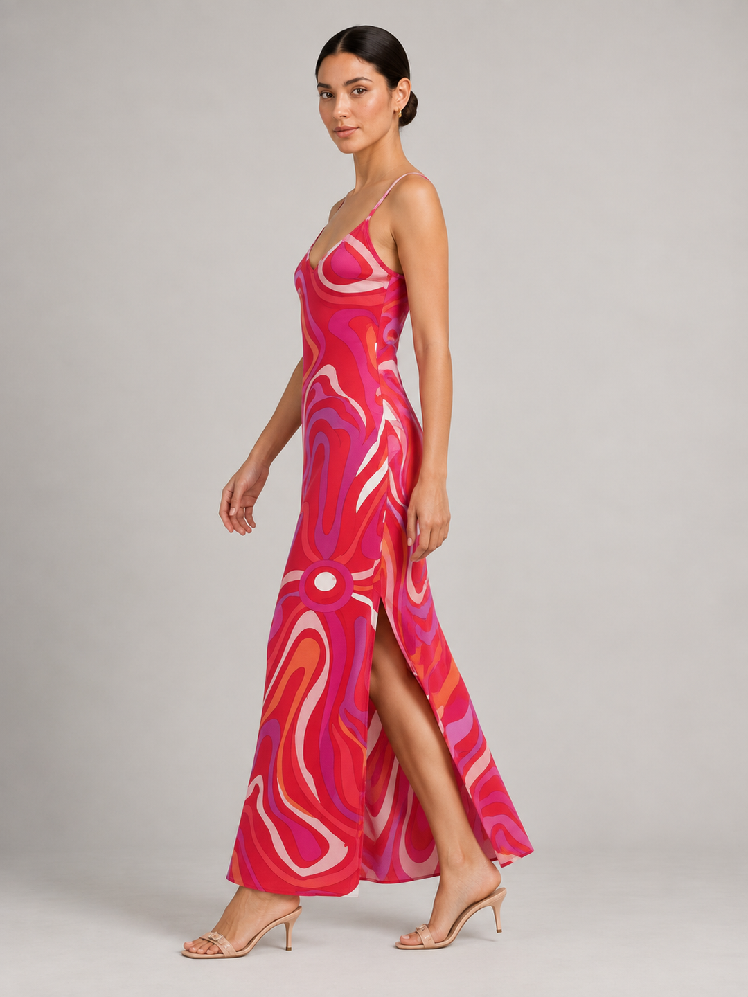 Retro Psychedelic Swirl Print Silk Slip Maxi Dress