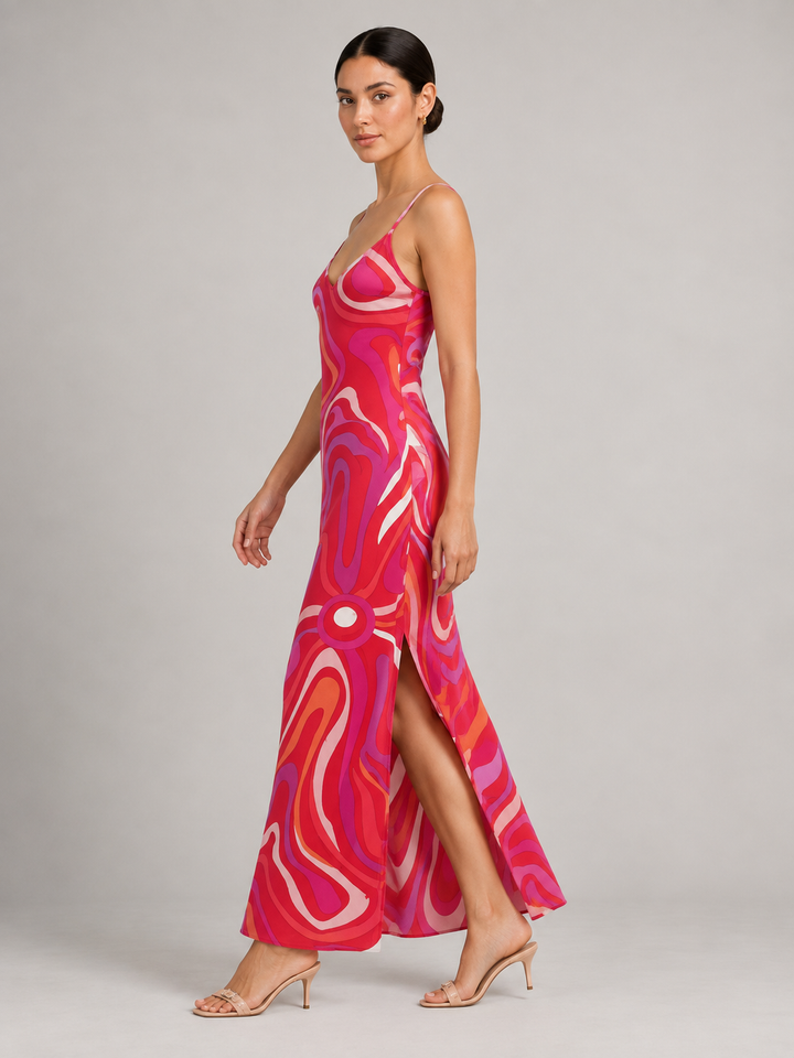 Retro Psychedelic Swirl Print Silk Slip Maxi Dress