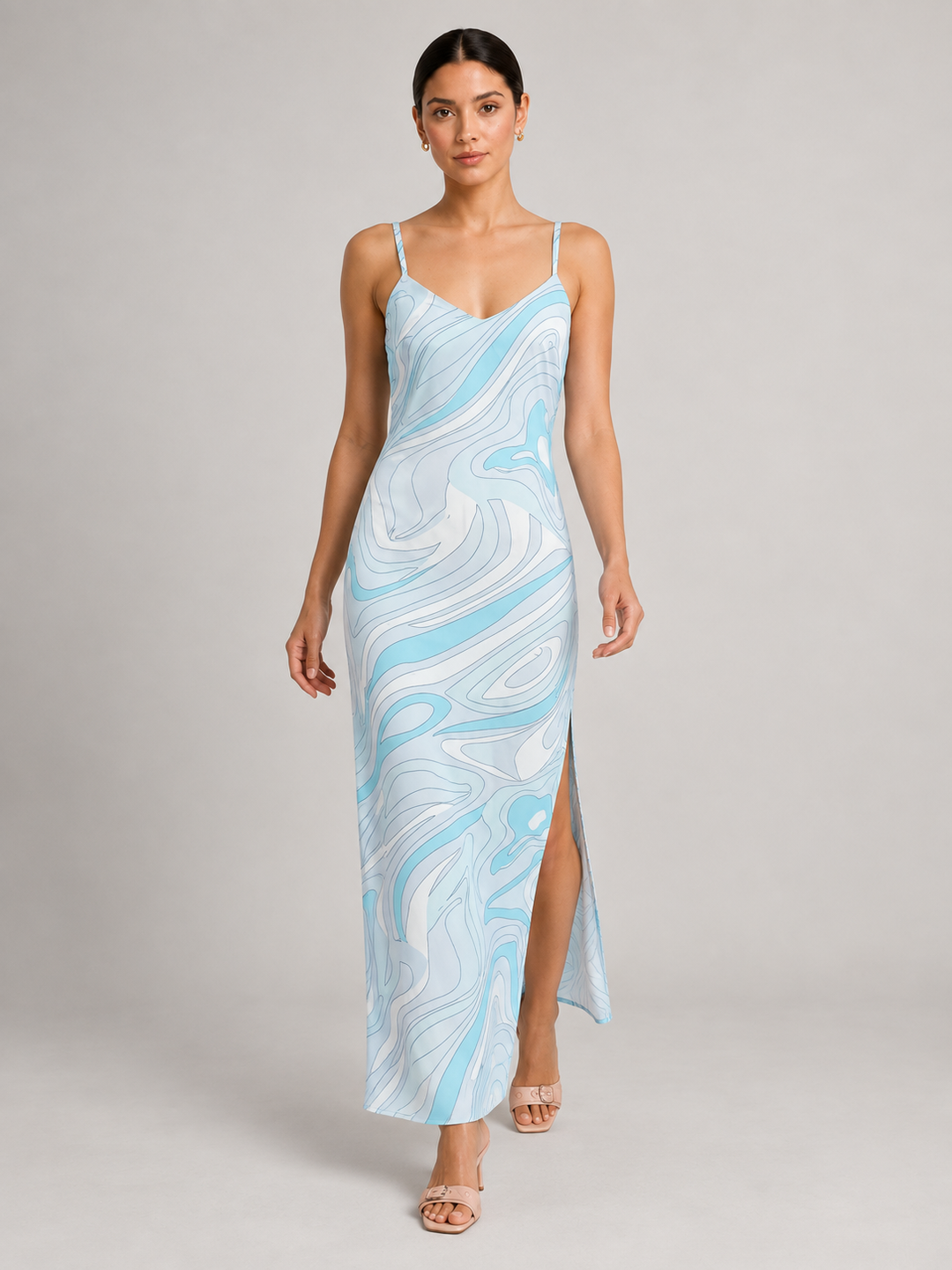 Retro Psychedelic Swirl Print Silk Slip Maxi Dress
