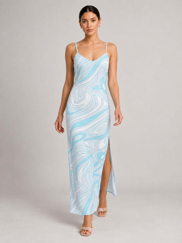Retro Psychedelic Swirl Print Silk Slip Maxi Dress