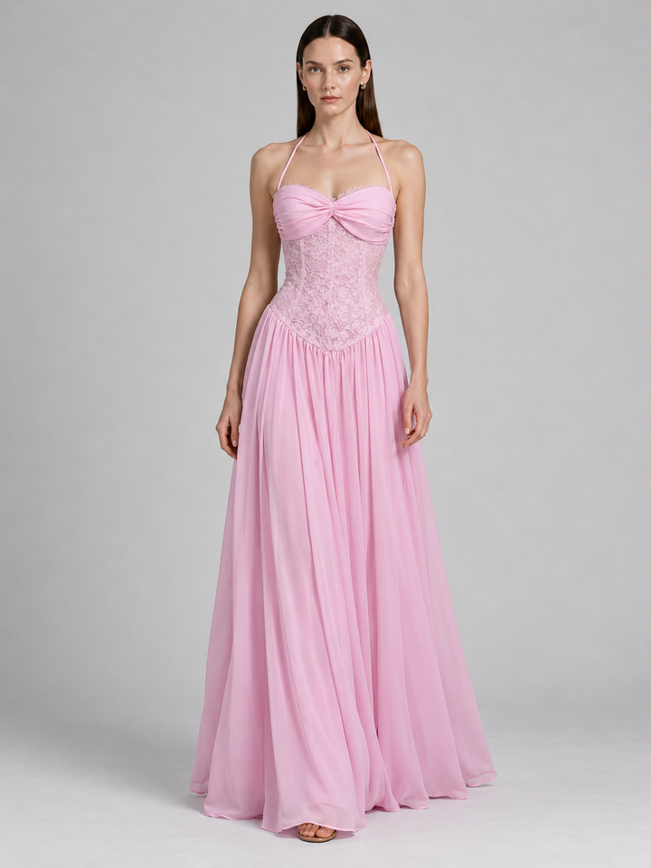 Halter Ruched Bust Lace Corset Drop-Waist Chiffon Gown