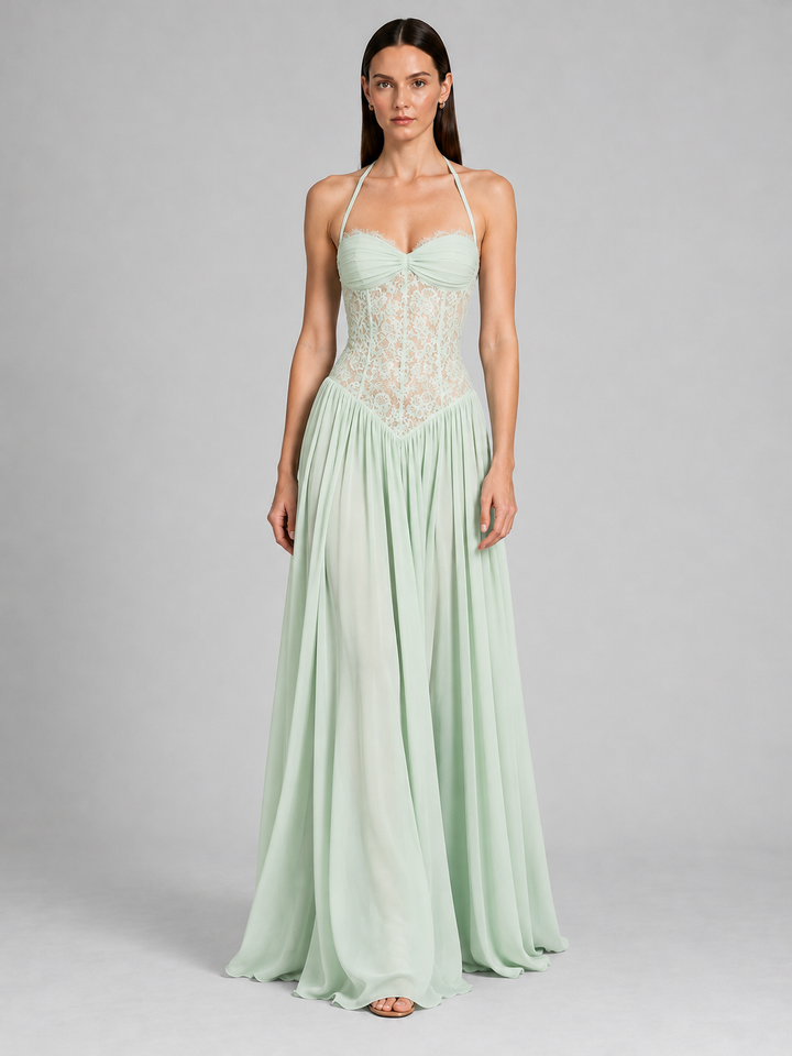 Halter Ruched Bust Lace Corset Drop-Waist Chiffon Gown