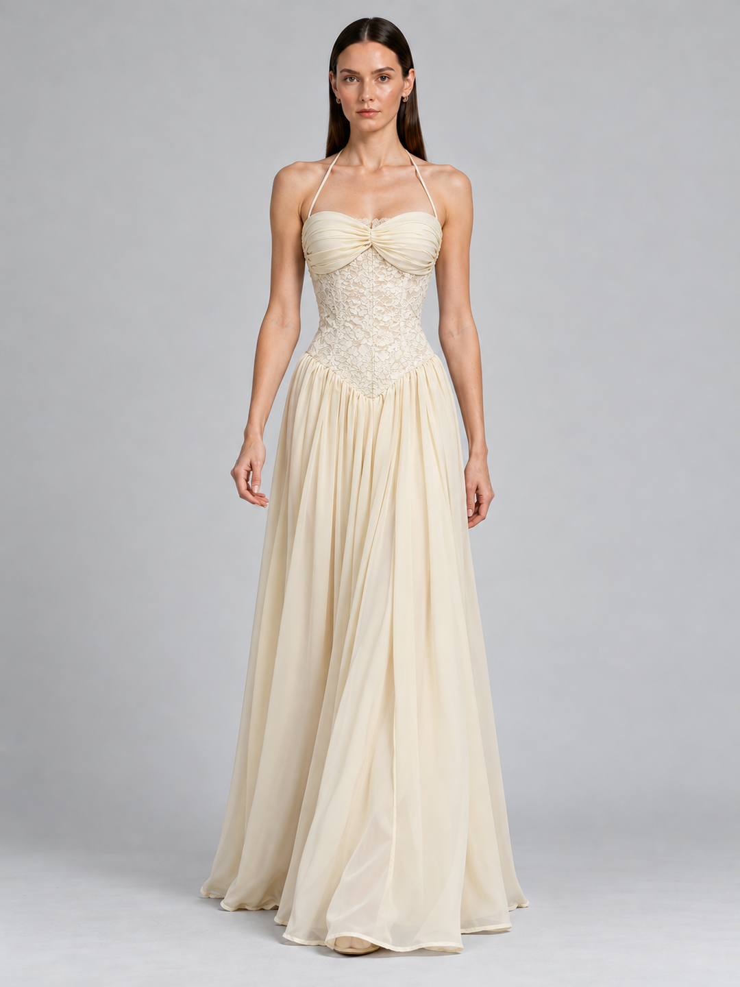 Halter Ruched Bust Lace Corset Drop-Waist Chiffon Gown