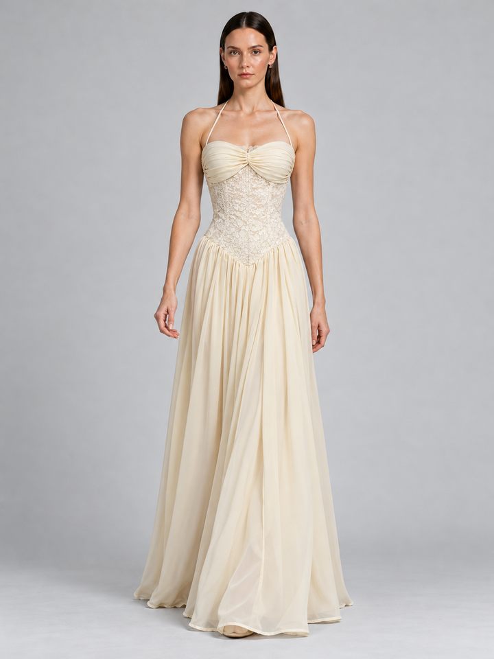 Halter Ruched Bust Lace Corset Drop-Waist Chiffon Gown