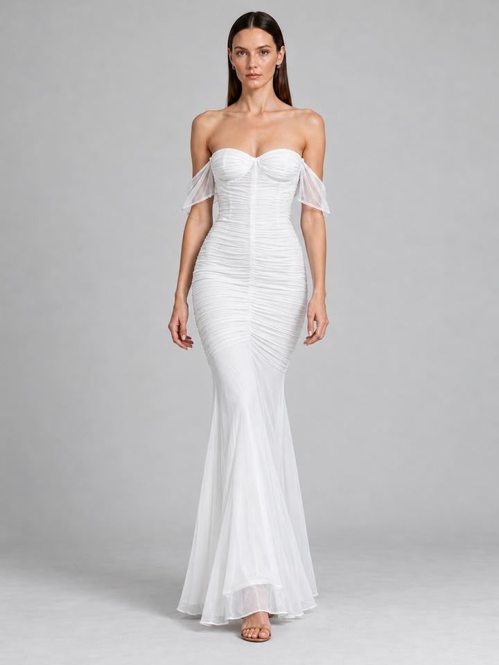 Ruched Mesh Bustier Maxi Gown with Cap Flutter Sleeves