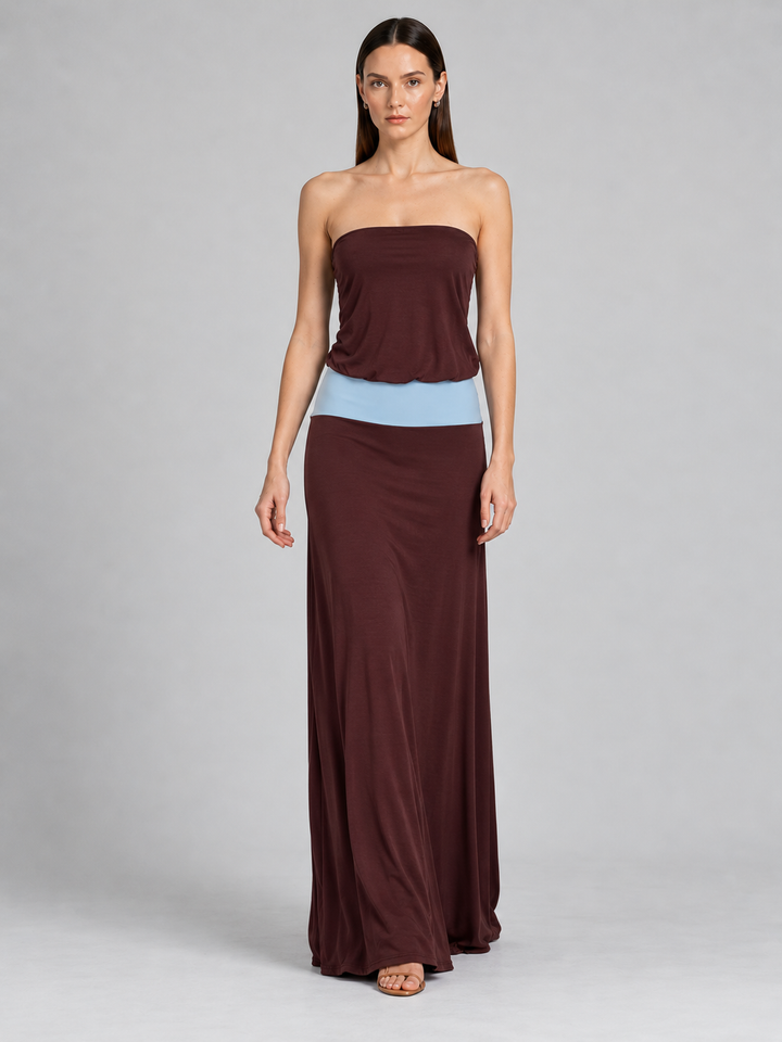 Color-Block Strapless Tube Maxi Dress with Contrast Waistband