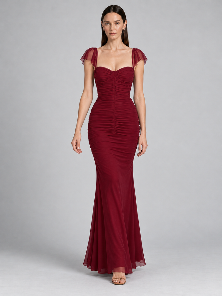 Ruched Mesh Bustier Maxi Gown with Cap Flutter Sleeves