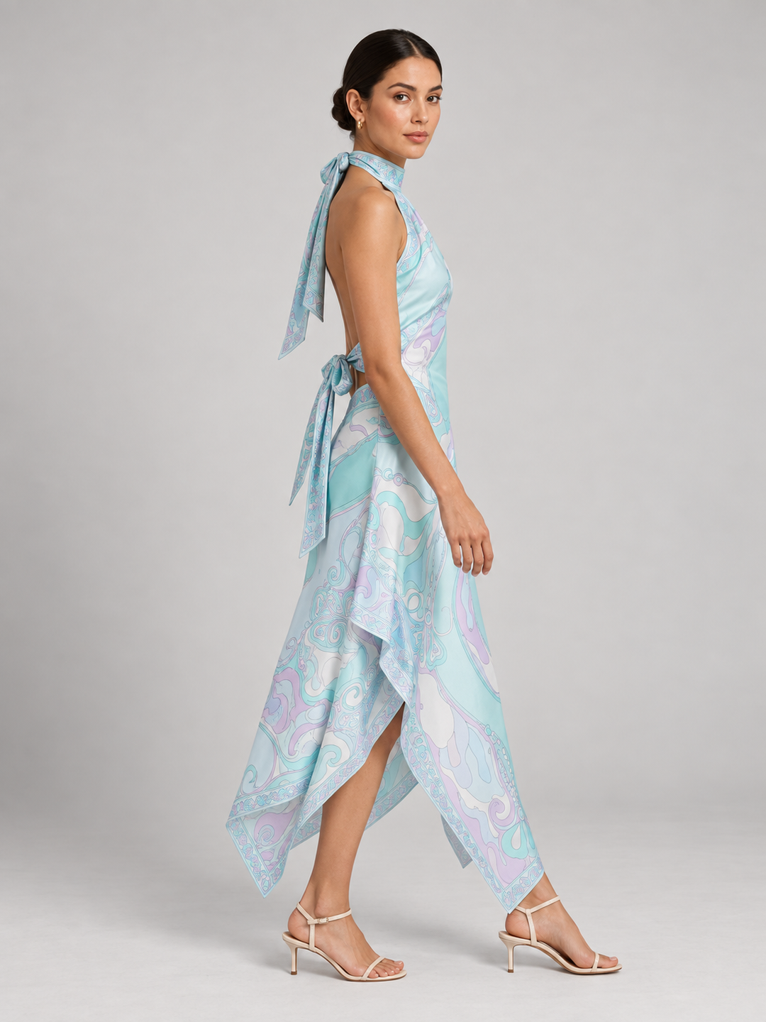 Vibrant Geometric Silk-Touch Two-Piece Halter Top &amp; Asymmetric Midi Skirt Set