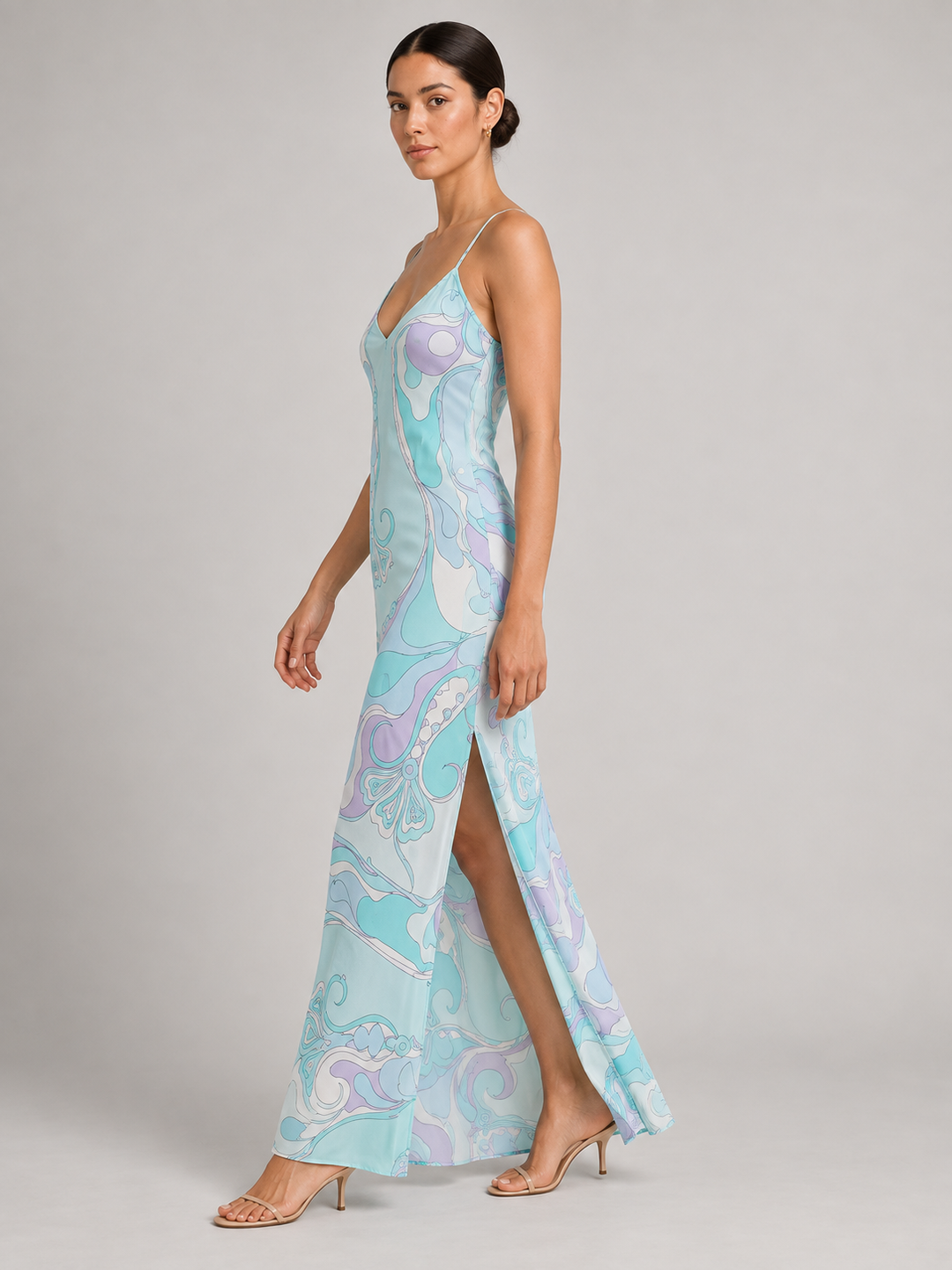 Retro Psychedelic Swirl Print Silk Slip Maxi Dress