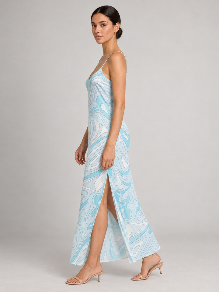 Retro Psychedelic Swirl Print Silk Slip Maxi Dress