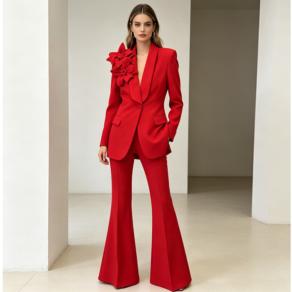 Women's Solid Color Flower Loose Suit Set