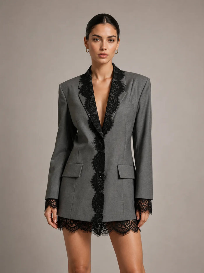 Silvia Grey Lace-Lapel Blazer