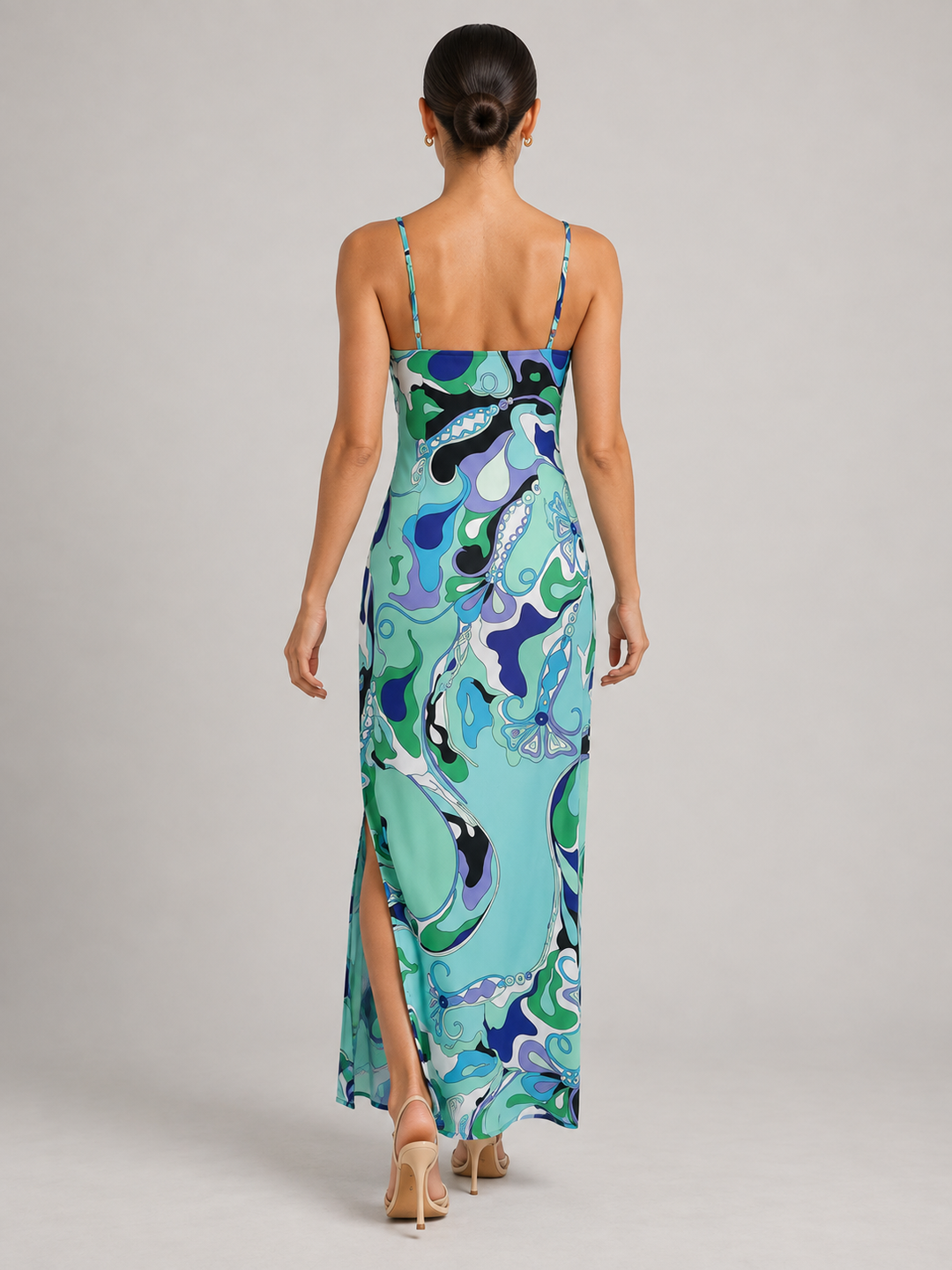 Retro Psychedelic Swirl Print Silk Slip Maxi Dress