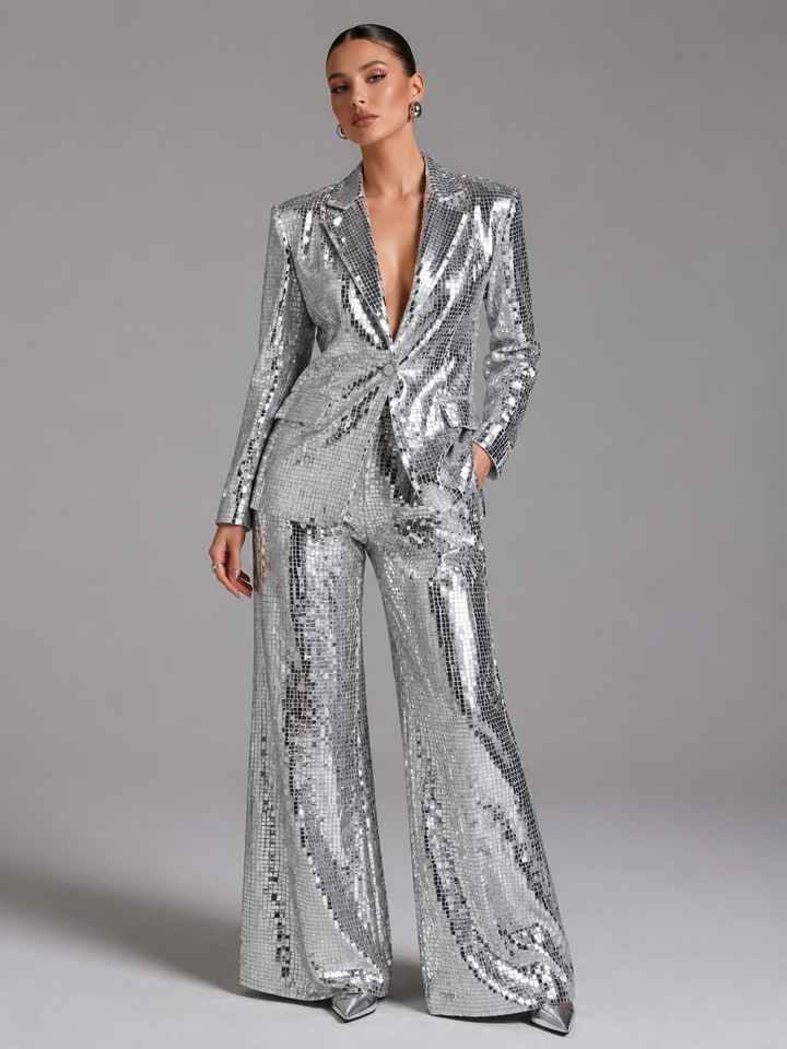 Silver Square Sequin Peak Lapel Blazer &amp; High Waist Full Flare Trousers 2-Piece Party Suit