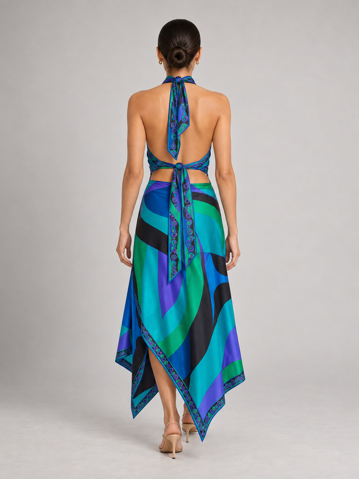 Vibrant Geometric Silk-Touch Two-Piece Halter Top &amp; Asymmetric Midi Skirt Set