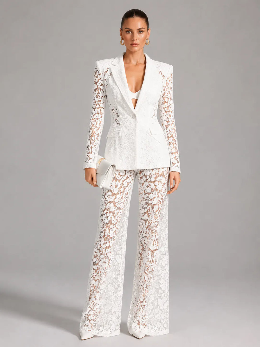 Floral Lace Single Button Blazer & High Waist Wide Leg Pants 2-Piece Suit Set