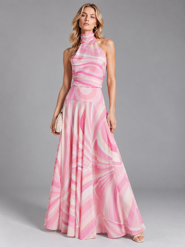 Lace-up Stand-collar Top And High-waisted Long Skirt Two-piece Set