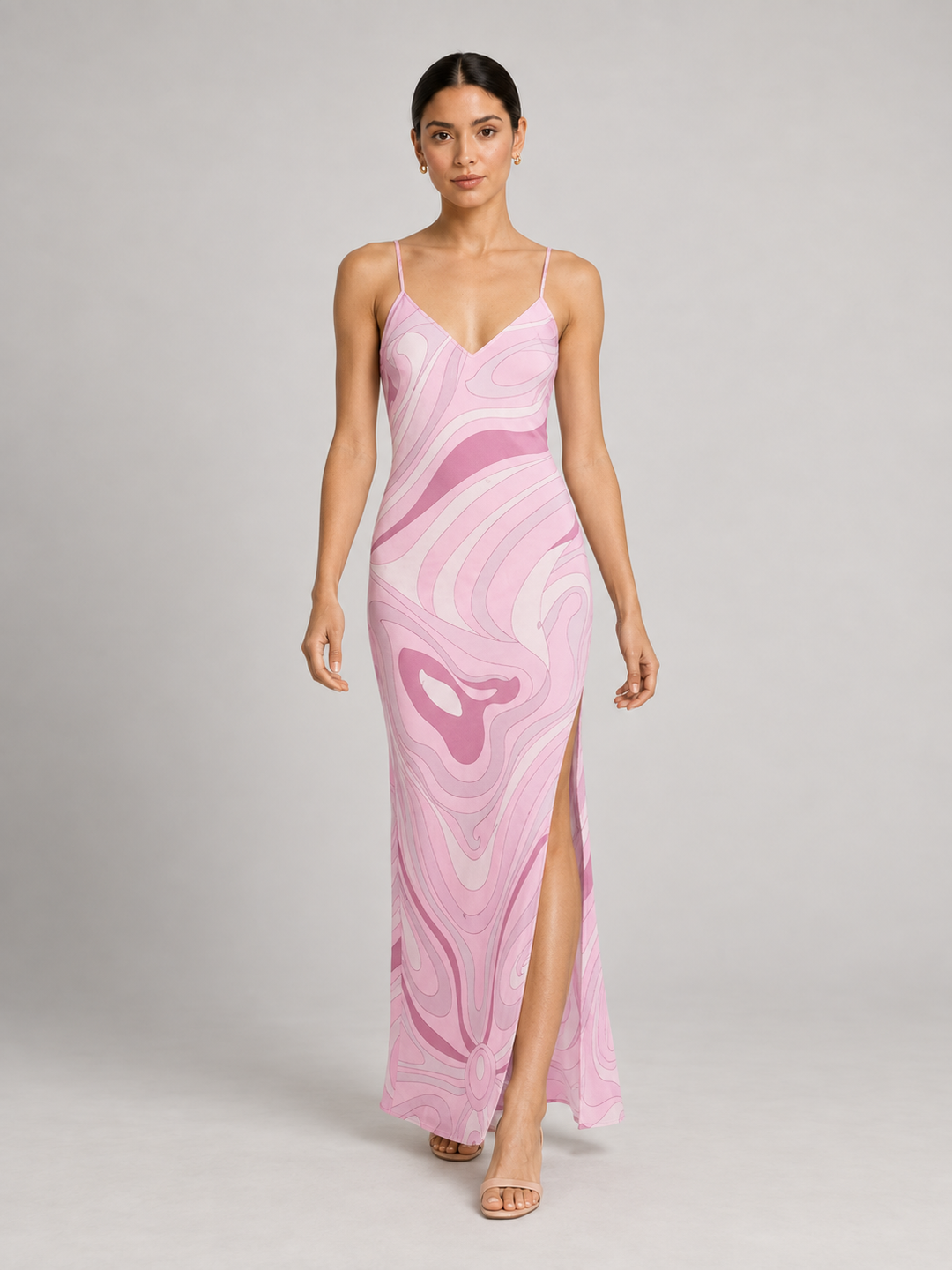 Retro Psychedelic Swirl Print Silk Slip Maxi Dress